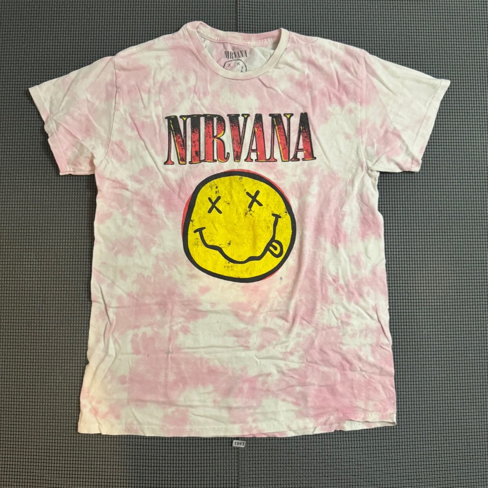 Nirvana Smiley Face Graphic Tie Dye T-Shirt Pink White Mens Medium RN 90355